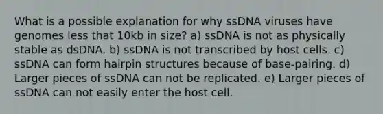 What is a possible explanation for why ssDNA viruses have genomes less that 10kb in size? a) ssDNA is not as physically stable as dsDNA. b) ssDNA is not transcribed by host cells. c) ssDNA can form hairpin structures because of base-pairing. d) Larger pieces of ssDNA can not be replicated. e) Larger pieces of ssDNA can not easily enter the host cell.