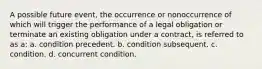 A possible future event, the occurrence or nonoccurrence of which will trigger the performance of a legal obligation or terminate an existing obligation under a contract, is referred to as a: a. condition precedent. b. condition subsequent. c. condition. d. concurrent condition.