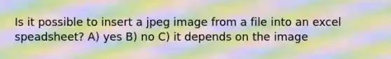 Is it possible to insert a jpeg image from a file into an excel speadsheet? A) yes B) no C) it depends on the image