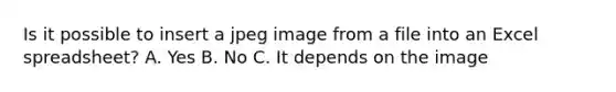 Is it possible to insert a jpeg image from a file into an Excel spreadsheet? A. Yes B. No C. It depends on the image