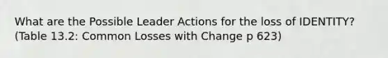 What are the Possible Leader Actions for the loss of IDENTITY? (Table 13.2: Common Losses with Change p 623)