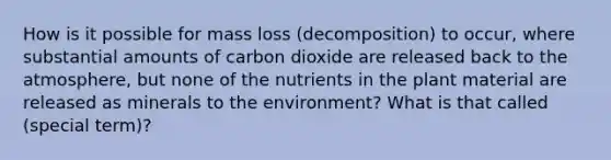 How is it possible for mass loss (decomposition) to occur, where substantial amounts of carbon dioxide are released back to the atmosphere, but none of the nutrients in the plant material are released as minerals to the environment? What is that called (special term)?