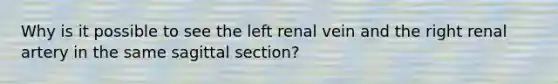 Why is it possible to see the left renal vein and the right renal artery in the same sagittal section?