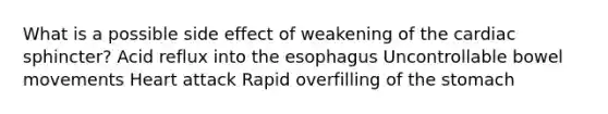 What is a possible side effect of weakening of the cardiac sphincter? Acid reflux into the esophagus Uncontrollable bowel movements Heart attack Rapid overfilling of the stomach