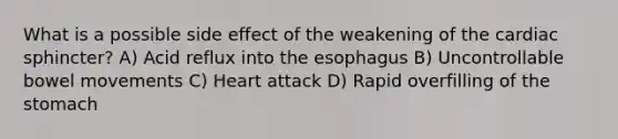 What is a possible side effect of the weakening of the cardiac sphincter? A) Acid reflux into the esophagus B) Uncontrollable bowel movements C) Heart attack D) Rapid overfilling of the stomach