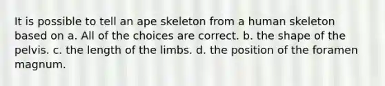 It is possible to tell an ape skeleton from a human skeleton based on a. All of the choices are correct. b. the shape of the pelvis. c. the length of the limbs. d. the position of the foramen magnum.