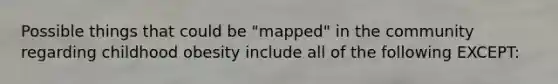 Possible things that could be "mapped" in the community regarding childhood obesity include all of the following EXCEPT: