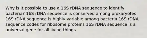 Why is it possible to use a 16S rDNA sequence to identify bacteria? 16S rDNA sequence is conserved among prokaryotes 16S rDNA sequence is highly variable among bacteria 16S rDNA sequence codes for ribosome proteins 16S rDNA sequence is a universal gene for all living things