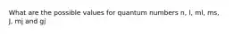 What are the possible values for quantum numbers n, l, ml, ms, J, mj and gj