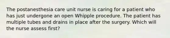 The postanesthesia care unit nurse is caring for a patient who has just undergone an open Whipple procedure. The patient has multiple tubes and drains in place after the surgery. Which will the nurse assess first?