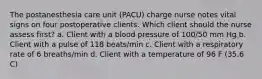 The postanesthesia care unit (PACU) charge nurse notes vital signs on four postoperative clients. Which client should the nurse assess first? a. Client with a blood pressure of 100/50 mm Hg b. Client with a pulse of 118 beats/min c. Client with a respiratory rate of 6 breaths/min d. Client with a temperature of 96 F (35.6 C)