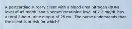 A postcardiac surgery client with a blood urea nitrogen (BUN) level of 45 mg/dL and a serum creatinine level of 2.2 mg/dL has a total 2-hour urine output of 25 mL. The nurse understands that the client is at risk for which?