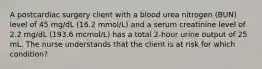 A postcardiac surgery client with a blood urea nitrogen (BUN) level of 45 mg/dL (16.2 mmol/L) and a serum creatinine level of 2.2 mg/dL (193.6 mcmol/L) has a total 2-hour urine output of 25 mL. The nurse understands that the client is at risk for which condition?