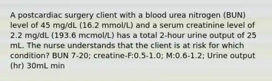 A postcardiac surgery client with a blood urea nitrogen (BUN) level of 45 mg/dL (16.2 mmol/L) and a serum creatinine level of 2.2 mg/dL (193.6 mcmol/L) has a total 2-hour urine output of 25 mL. The nurse understands that the client is at risk for which condition? BUN 7-20; creatine-F:0.5-1.0; M:0.6-1.2; Urine output (hr) 30mL min