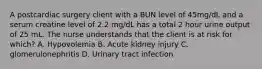 A postcardiac surgery client with a BUN level of 45mg/dL and a serum creatine level of 2.2 mg/dL has a total 2 hour urine output of 25 mL. The nurse understands that the client is at risk for which? A. Hypovolemia B. Acute kidney injury C. glomerulonephritis D. Urinary tract infection