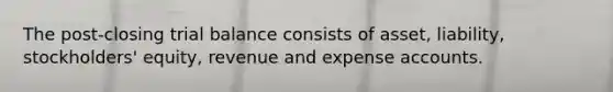 The post-closing trial balance consists of asset, liability, stockholders' equity, revenue and expense accounts.