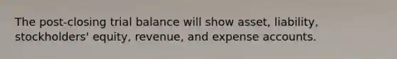 The post-closing trial balance will show asset, liability, stockholders' equity, revenue, and expense accounts.