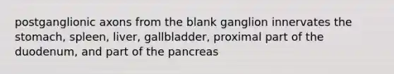 postganglionic axons from the blank ganglion innervates the stomach, spleen, liver, gallbladder, proximal part of the duodenum, and part of the pancreas