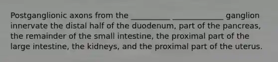 Postganglionic axons from the __________ _____________ ganglion innervate the distal half of the duodenum, part of the pancreas, the remainder of the small intestine, the proximal part of the large intestine, the kidneys, and the proximal part of the uterus.