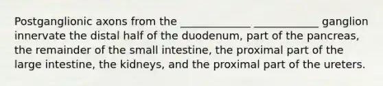 Postganglionic axons from the _____________ ____________ ganglion innervate the distal half of the duodenum, part of the pancreas, the remainder of the small intestine, the proximal part of the large intestine, the kidneys, and the proximal part of the ureters.