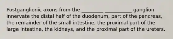 Postganglionic axons from the _________ ___________ ganglion innervate the distal half of the duodenum, part of the pancreas, the remainder of the small intestine, the proximal part of the large intestine, the kidneys, and the proximal part of the ureters.