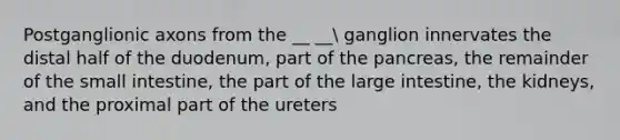 Postganglionic axons from the __ __ ganglion innervates the distal half of the duodenum, part of the pancreas, the remainder of the small intestine, the part of the large intestine, the kidneys, and the proximal part of the ureters