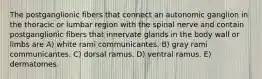 The postganglionic fibers that connect an autonomic ganglion in the thoracic or lumbar region with the spinal nerve and contain postganglionic fibers that innervate glands in the body wall or limbs are A) white rami communicantes. B) gray rami communicantes. C) dorsal ramus. D) ventral ramus. E) dermatomes.