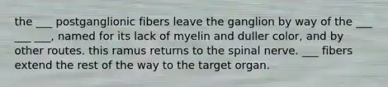 the ___ postganglionic fibers leave the ganglion by way of the ___ ___ ___, named for its lack of myelin and duller color, and by other routes. this ramus returns to the spinal nerve. ___ fibers extend the rest of the way to the target organ.