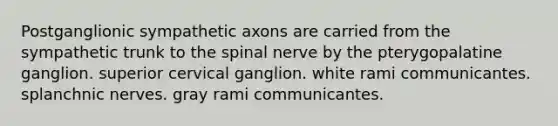 Postganglionic sympathetic axons are carried from the sympathetic trunk to the spinal nerve by the pterygopalatine ganglion. superior cervical ganglion. white rami communicantes. splanchnic nerves. gray rami communicantes.