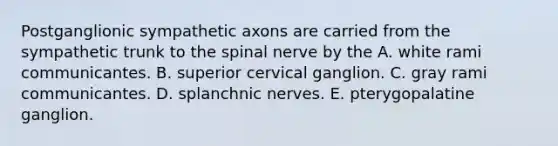 Postganglionic sympathetic axons are carried from the sympathetic trunk to the spinal nerve by the A. white rami communicantes. B. superior cervical ganglion. C. gray rami communicantes. D. splanchnic nerves. E. pterygopalatine ganglion.