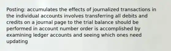 Posting: accumulates the effects of journalized transactions in the individual accounts involves transferring all debits and credits on a journal page to <a href='https://www.questionai.com/knowledge/kroPuglSOF-the-trial-balance' class='anchor-knowledge'>the trial balance</a> should be performed in account number order is accomplished by examining ledger accounts and seeing which ones need updating