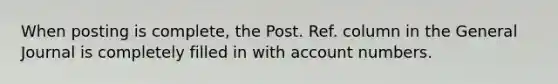 When posting is complete, the Post. Ref. column in the General Journal is completely filled in with account numbers.