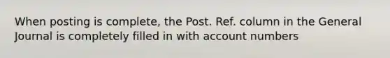 When posting is complete, the Post. Ref. column in the General Journal is completely filled in with account numbers