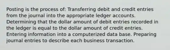 Posting is the process of: Transferring debit and credit entries from the journal into the appropriate ledger accounts. Determining that the dollar amount of debit entries recorded in the ledger is equal to the dollar amount of credit entries. Entering information into a computerized data base. Preparing journal entries to describe each business transaction.