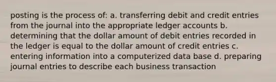 posting is the process of: a. transferring debit and credit entries from the journal into the appropriate ledger accounts b. determining that the dollar amount of debit entries recorded in the ledger is equal to the dollar amount of credit entries c. entering information into a computerized data base d. preparing journal entries to describe each business transaction