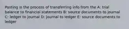 Posting is the process of transferring info from the A: trial balance to financial statements B: source documents to journal C: ledger to journal D: journal to ledger E: source documents to ledger