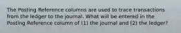 The Posting Reference columns are used to trace transactions from the ledger to the journal. What will be entered in the Posting Reference column of (1) the journal and (2) the ledger?