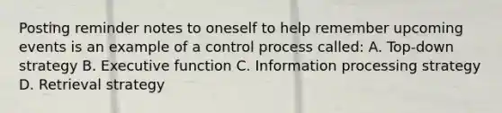 Posting reminder notes to oneself to help remember upcoming events is an example of a control process called: A. Top-down strategy B. Executive function C. Information processing strategy D. Retrieval strategy