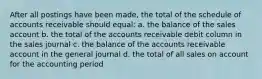 After all postings have been made, the total of the schedule of accounts receivable should equal: a. the balance of the sales account b. the total of the accounts receivable debit column in the sales journal c. the balance of the accounts receivable account in the general journal d. the total of all sales on account for the accounting period