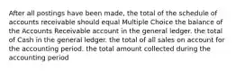 After all postings have been made, the total of the schedule of accounts receivable should equal Multiple Choice the balance of the Accounts Receivable account in the general ledger. the total of Cash in the general ledger. the total of all sales on account for the accounting period. the total amount collected during the accounting period