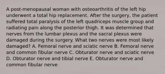 A post-menopausal woman with osteoarthritis of the left hip underwent a total hip replacement. After the surgery, the patient suffered total paralysis of the left quadriceps muscle group and radiating pain along the posterior thigh. It was determined that nerves from the lumbar plexus and the sacral plexus were damaged during the surgery. What two nerves were most likely damaged? A. Femoral nerve and sciatic nerve B. Femoral nerve and common fibular nerve C. Obturator nerve and sciatic nerve D. Obturator nerve and tibial nerve E. Obturator nerve and common fibular nerve