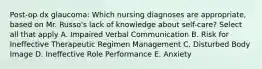 Post-op dx glaucoma: Which nursing diagnoses are appropriate, based on Mr. Russo's lack of knowledge about self-care? Select all that apply A. Impaired Verbal Communication B. Risk for Ineffective Therapeutic Regimen Management C. Disturbed Body Image D. Ineffective Role Performance E. Anxiety