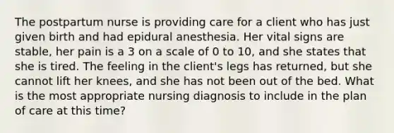 The postpartum nurse is providing care for a client who has just given birth and had epidural anesthesia. Her vital signs are stable, her pain is a 3 on a scale of 0 to 10, and she states that she is tired. The feeling in the client's legs has returned, but she cannot lift her knees, and she has not been out of the bed. What is the most appropriate nursing diagnosis to include in the plan of care at this time?