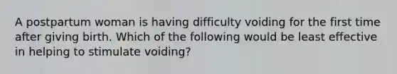 A postpartum woman is having difficulty voiding for the first time after giving birth. Which of the following would be least effective in helping to stimulate voiding?