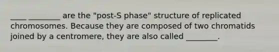 ____ ________ are the "post-S phase" structure of replicated chromosomes. Because they are composed of two chromatids joined by a centromere, they are also called ________.