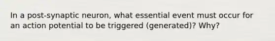 In a post-synaptic neuron, what essential event must occur for an action potential to be triggered (generated)? Why?