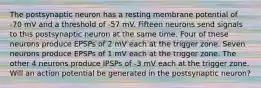 The postsynaptic neuron has a resting membrane potential of -70 mV and a threshold of -57 mV. Fifteen neurons send signals to this postsynaptic neuron at the same time. Four of these neurons produce EPSPs of 2 mV each at the trigger zone. Seven neurons produce EPSPs of 1 mV each at the trigger zone. The other 4 neurons produce IPSPs of -3 mV each at the trigger zone. Will an action potential be generated in the postsynaptic neuron?