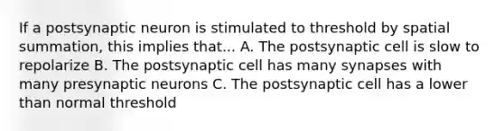 If a postsynaptic neuron is stimulated to threshold by spatial summation, this implies that... A. The postsynaptic cell is slow to repolarize B. The postsynaptic cell has many synapses with many presynaptic neurons C. The postsynaptic cell has a lower than normal threshold