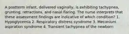 A postterm infant, delivered vaginally, is exhibiting tachypnea, grunting, retractions, and nasal flaring. The nurse interprets that these assessment findings are indicative of which condition? 1. Hypoglycemia 2. Respiratory distress syndrome 3. Meconium aspiration syndrome 4. Transient tachypnea of the newborn