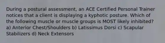 During a postural assessment, an ACE Certified Personal Trainer notices that a client is displaying a kyphotic posture. Which of the following muscle or muscle groups is MOST likely inhibited? a) Anterior Chest/Shoulders b) Latissimus Dorsi c) Scapular Stabilizers d) Neck Extensors